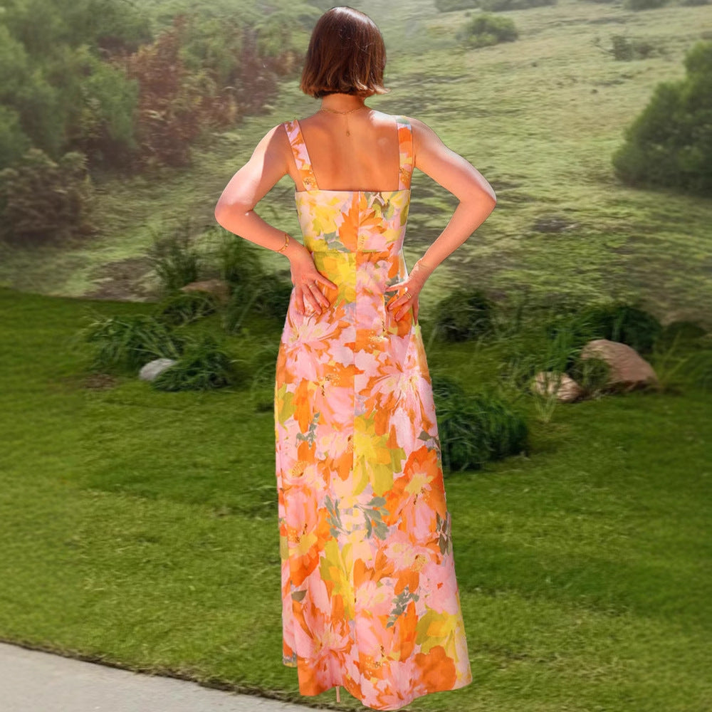 Damen Maxikleid Tailliert Spaghettiträger Floral Norvielle