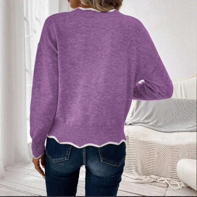 Damen Pullover V-Ausschnitt Gezackter Saum Beige