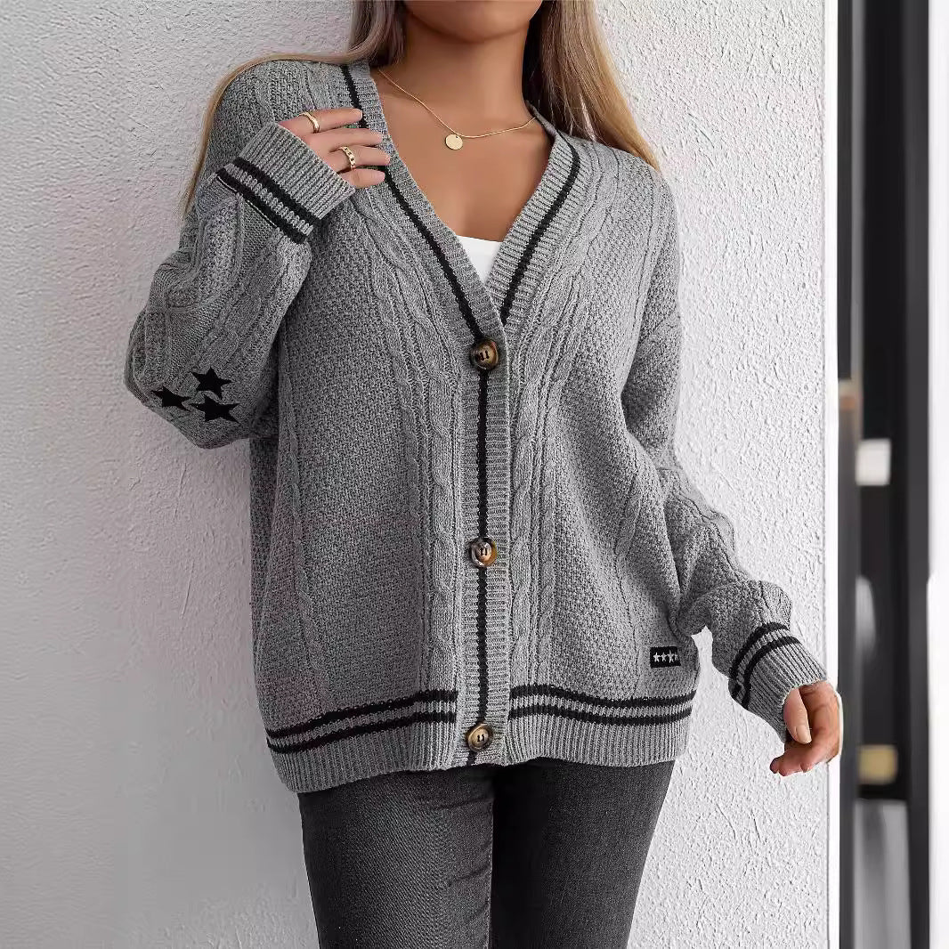 Damen Strickcardigan Strukturiertes Muster Kontrastakzente Norvielle