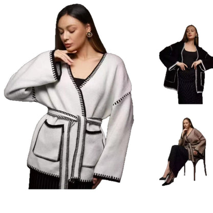 Damen Wickelpullover mit Taschen und Gürtel Elegantes Design