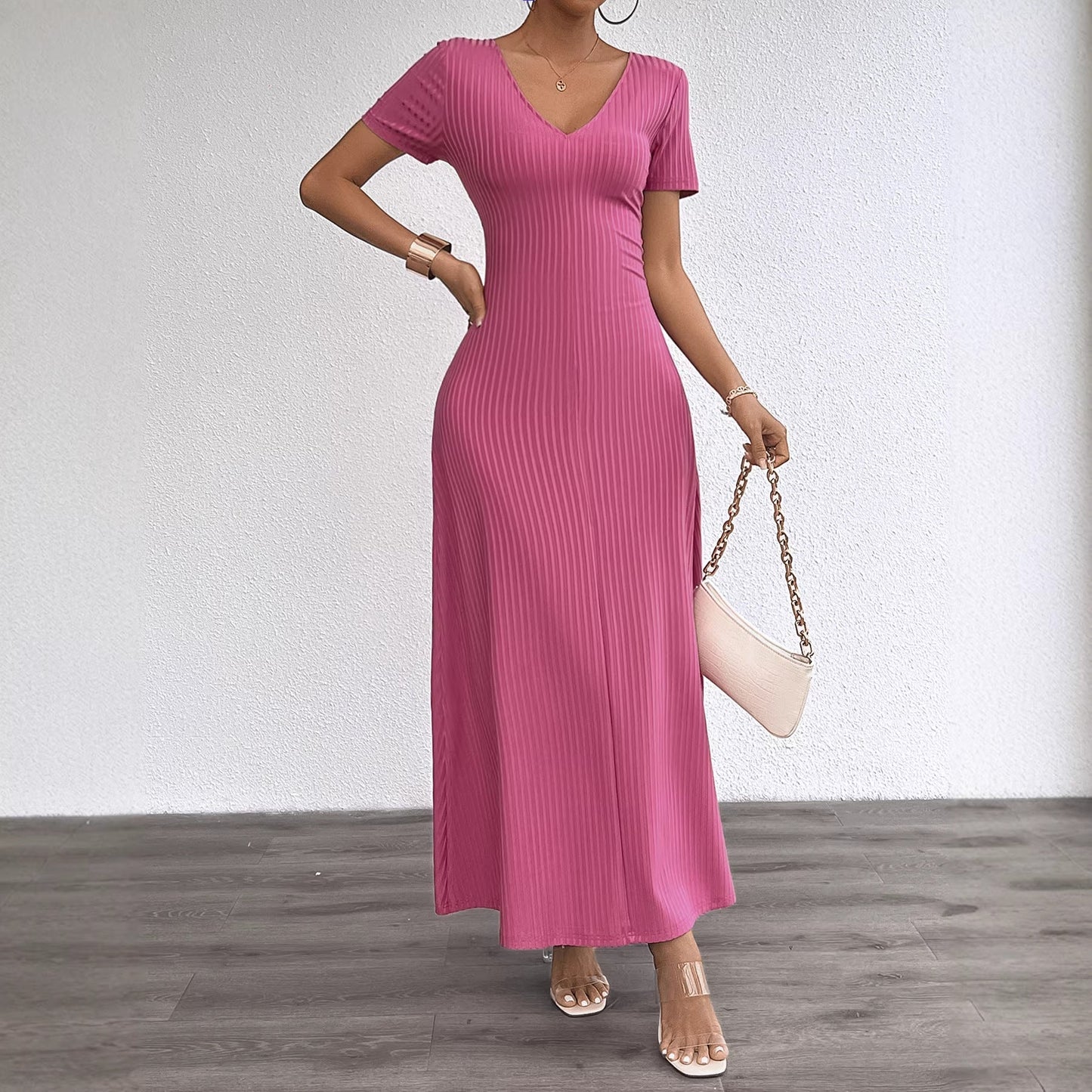 Damen Maxikleid Langarm Rippstruktur V-Ausschnitt Norvielle