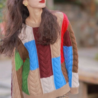 Damen Grobstrickpullover Bunt Patchwork Norvielle