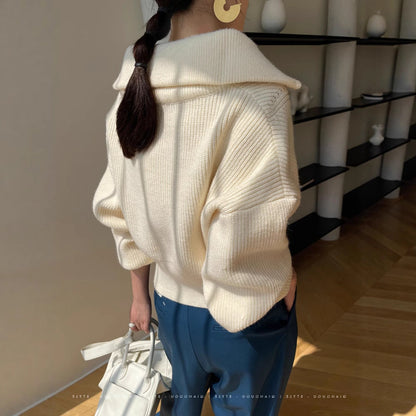 Damen Grobstrick Pullover Übergroß V-Ausschnitt Beige