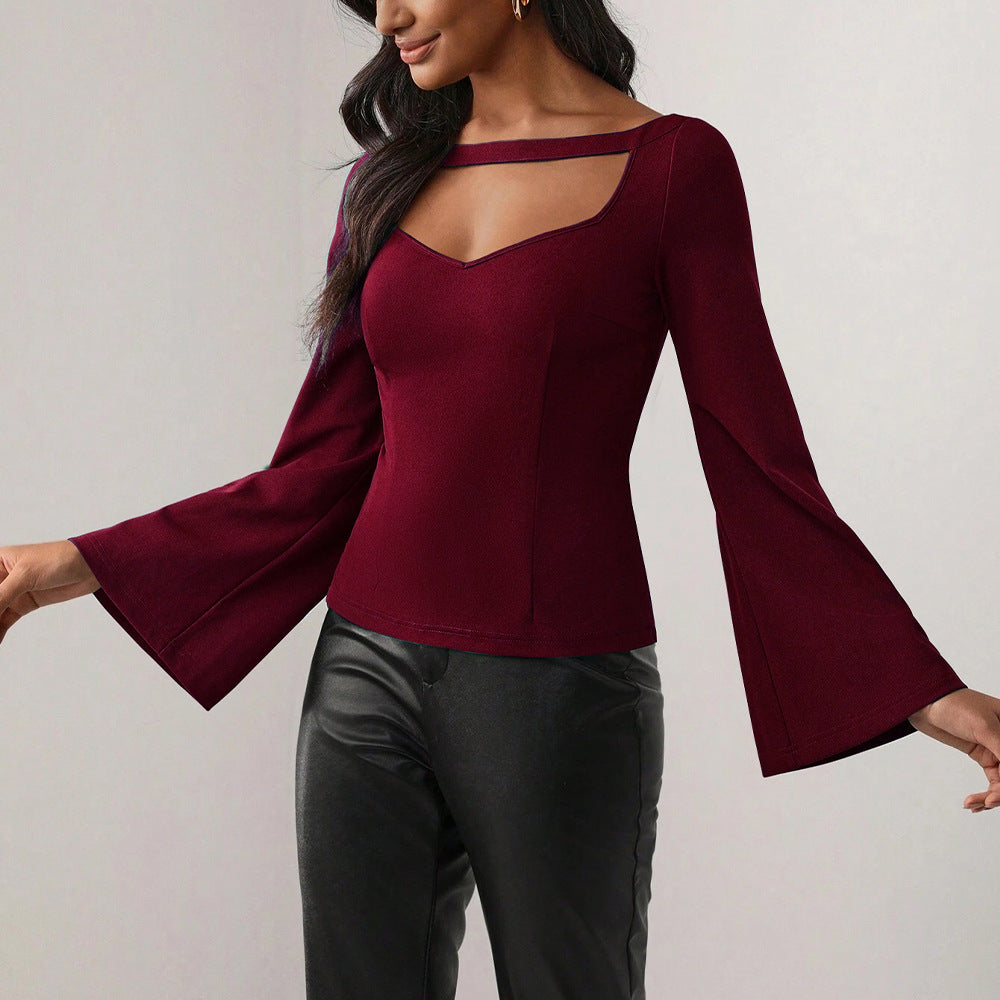 Damen Oberteil V-Ausschnitt Trompetenärmel Elegant