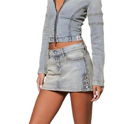 Damen Minirock Denim Knöpfe Seitentaschen