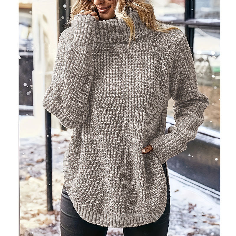 Damen Grobstrickpullover mit hohem Kragen und Taschen