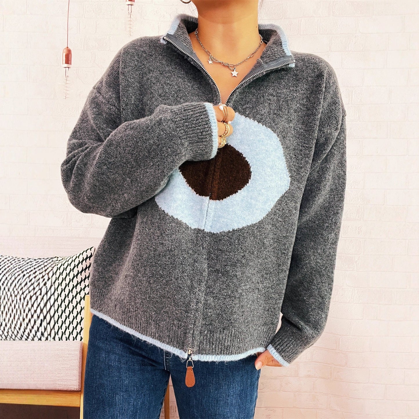 Damen Strickpullover Reißverschluss Kuschel Norvielle