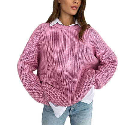 Damen Strickpullover Grobstrick Rundhals Lässig Beige