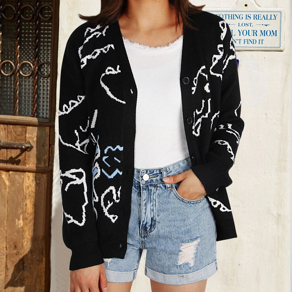 Damen Strickjacke Gemustert Dinosaurier Motiv Norvielle