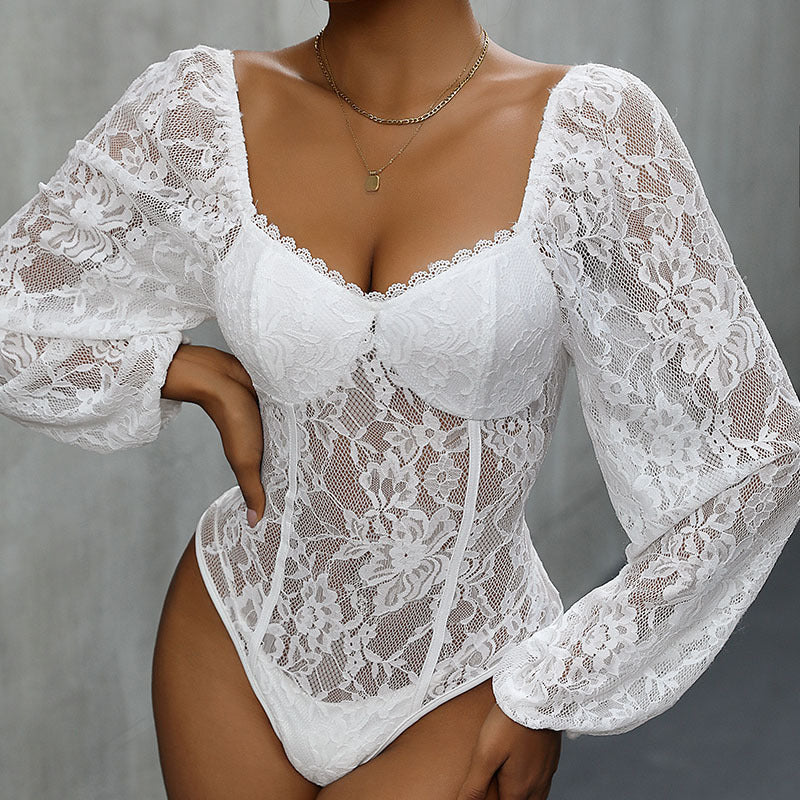 Damen Spitzenbody Langarm
