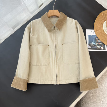Damen Cropped Jacke Baumwolle Cordsäule Beige