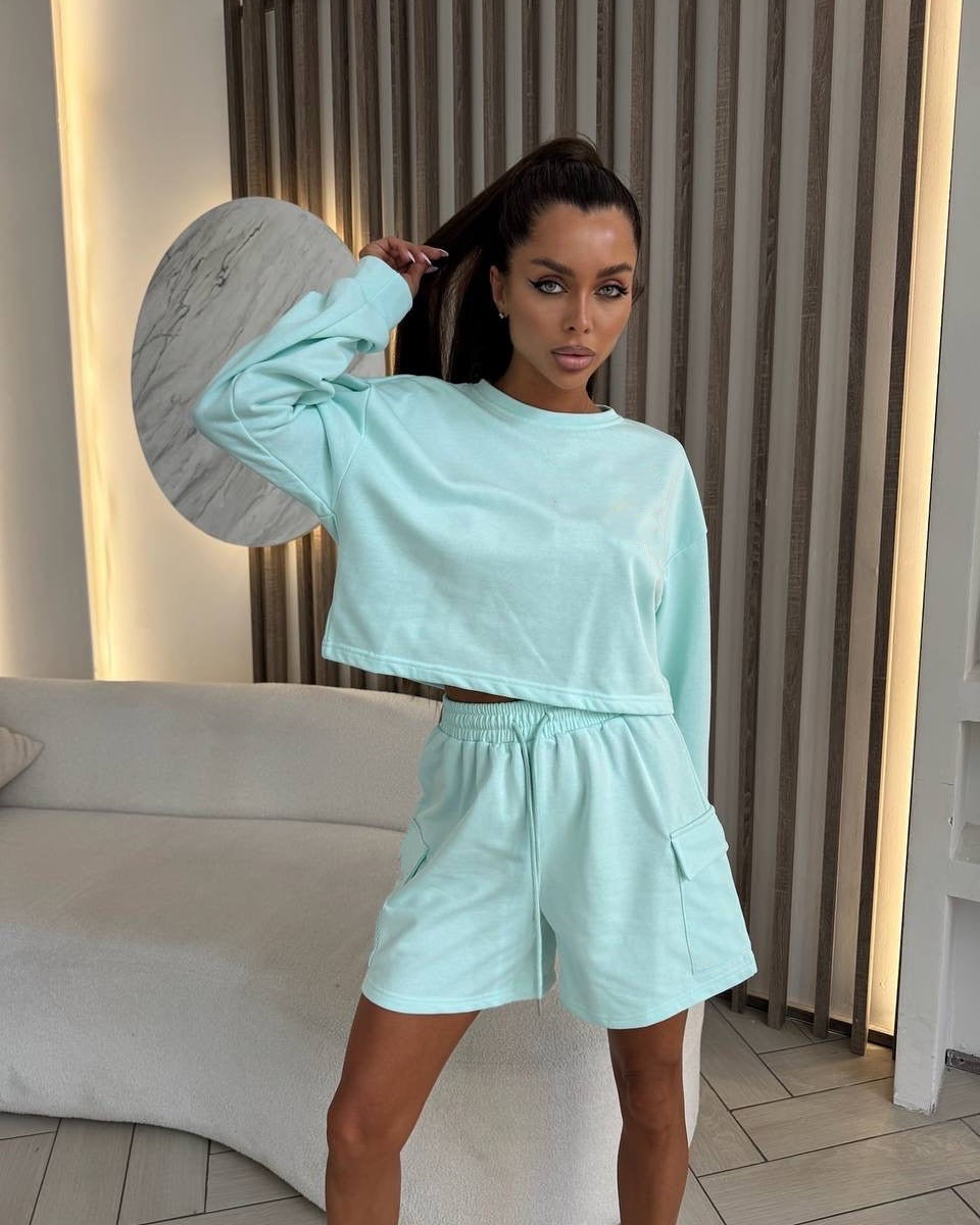 Damen Freizeitanzug Oversized Sweatshirt Kurze Hose Grau