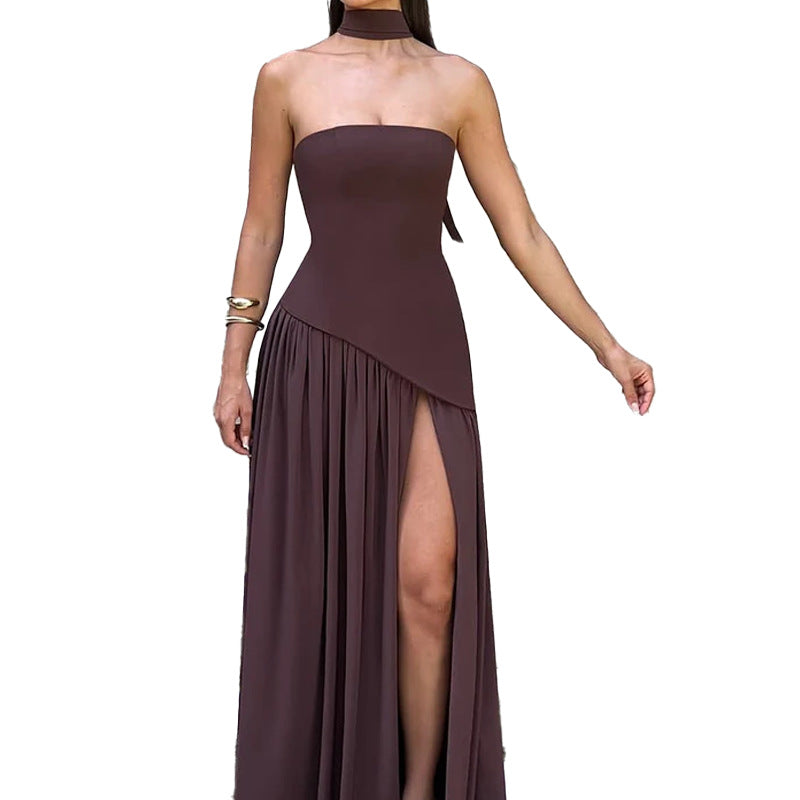 Damen Maxikleid Trägerlos Hohes Schlitzkleid Norvielle