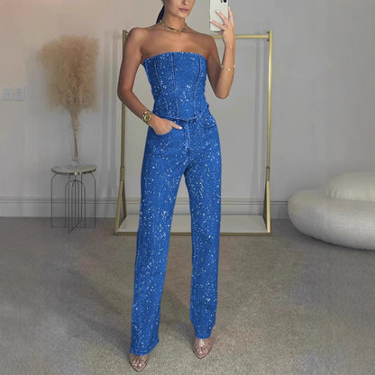 Damen Denim-Jumpsuit Ohne Träger Figurbetont