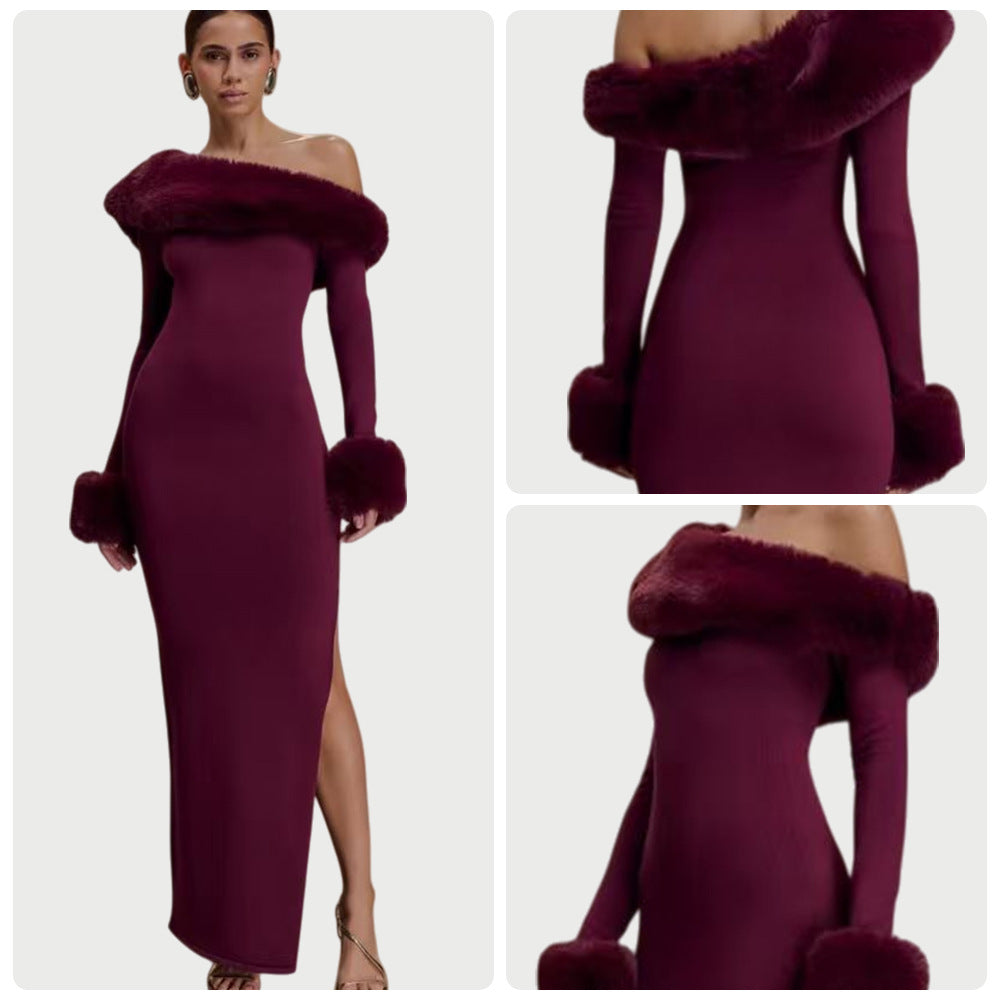 Damen Maxikleid Langarm Schulterfrei Fellakzente Schwarz - Norvielle