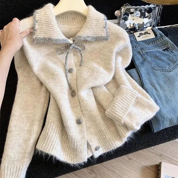 Damen Strickjacke Kuschelig Großer Kragen Knöpfe Beige