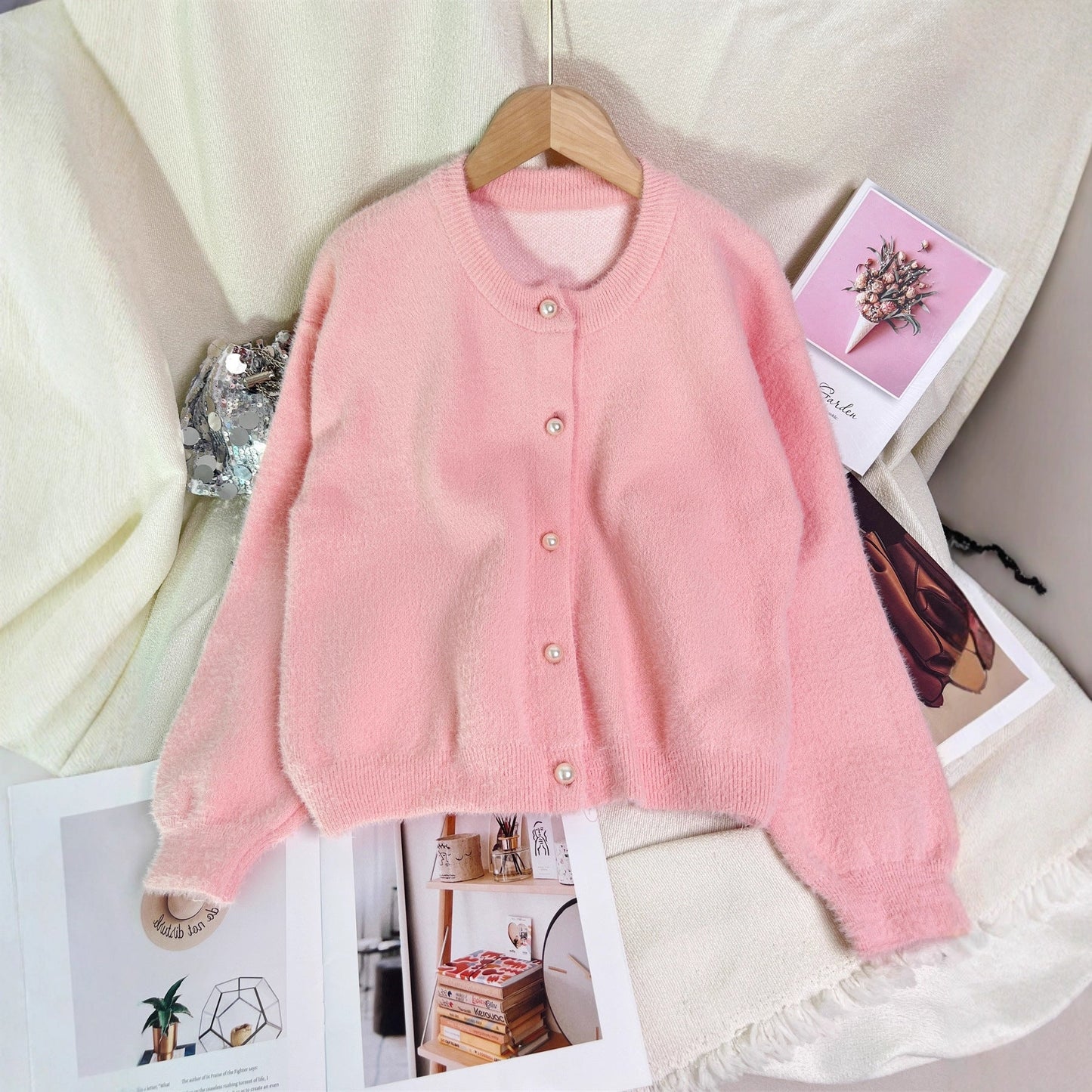 Damen Strickjacke Perlknöpfe Modern Norvielle