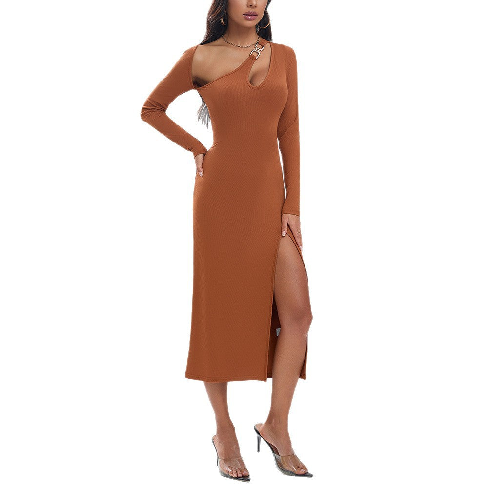 Damen Langarmkleid Figurbetont Asymmetrischer Ausschnitt