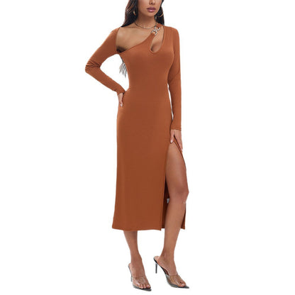 Damen Langarmkleid Figurbetont Asymmetrischer Ausschnitt