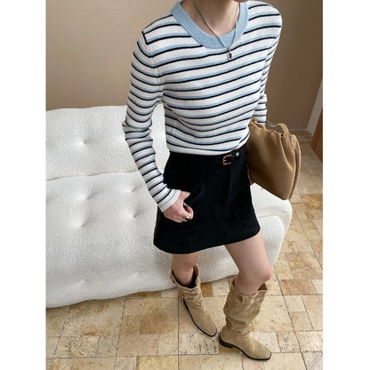 Damen Pullover Gestreift Rundhalsausschnitt Feine Rippe Beige