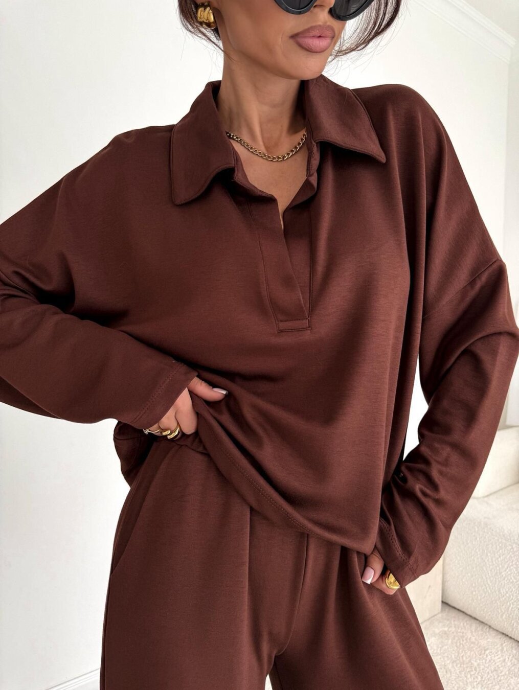 Damen Langarm-Oberteil mit Kragen und Taschen Norvielle