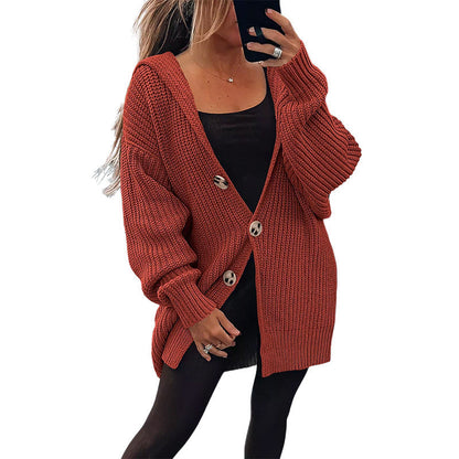 Damen Oversize Strickjacke Weiches Material Holzknöpfe Beige