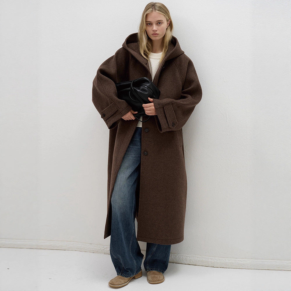 Damen Oversized Wollmantel mit Kapuze
