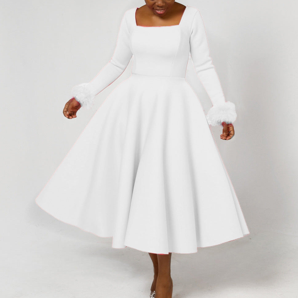 Damen Kleid Quadratischer Ausschnitt Fuchsfell Ärmel