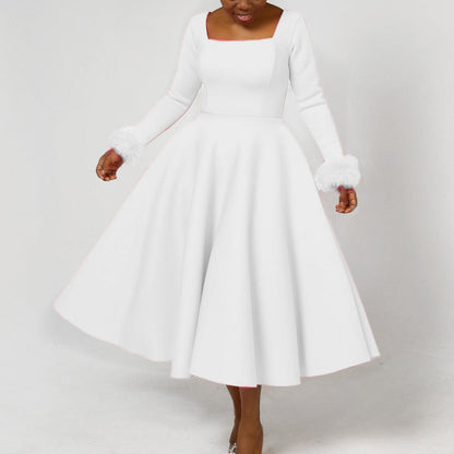 Damen Kleid Quadratischer Ausschnitt Fuchsfell Ärmel