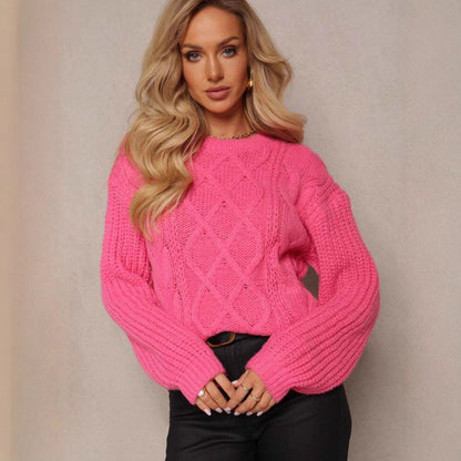 Damen Grobstrickpullover Romantisch Zopfdesign Weite Ärmel Norvielle