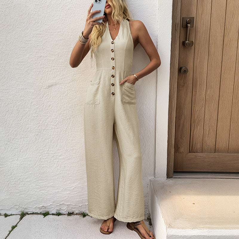 Damen Jumpsuit Weit Knopfdetails Eingrifftaschen Norvielle
