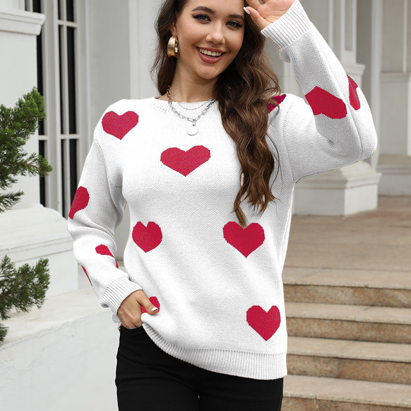 Damen Pullover Herzmuster Lässig Beige