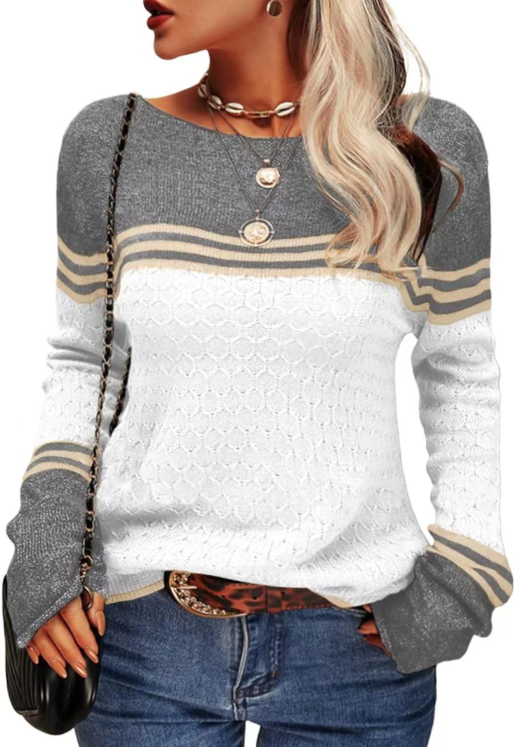 Damen Strickpullover Kontrastfarben Einzigartige Textur Norvielle
