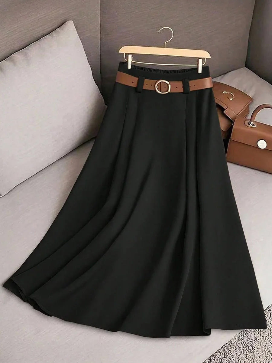 Damen Faltenrock Weit Geschnitten Gürtelapplikation Elegant