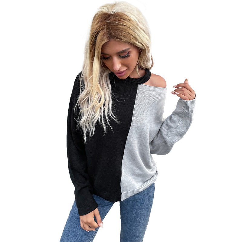 Damen Strickpullover Asymmetrisch Schultercut-Out Kontrastfarben