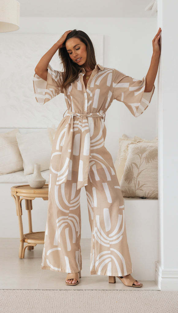 Damen Jumpsuit mit Bindegürtel und Muster