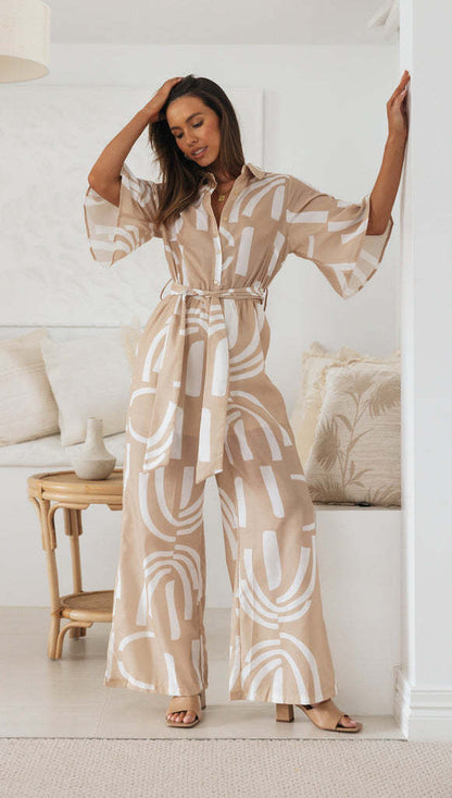 Damen Jumpsuit mit Bindegürtel und Muster
