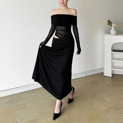 Damen Off-Shoulder Maxikleid Rüschendetails Langarm