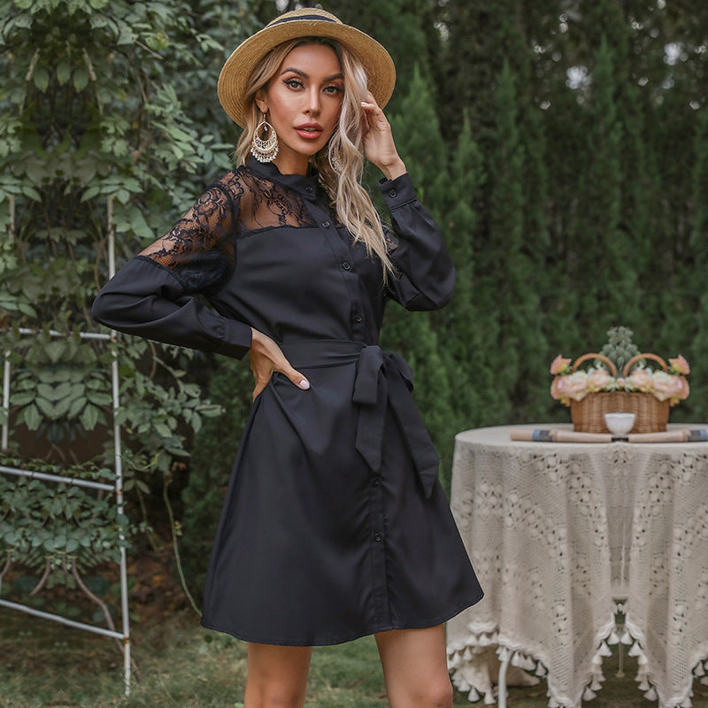 Damen Hemdblusenkleid Spitzenärmel Taillengürtel Norvielle