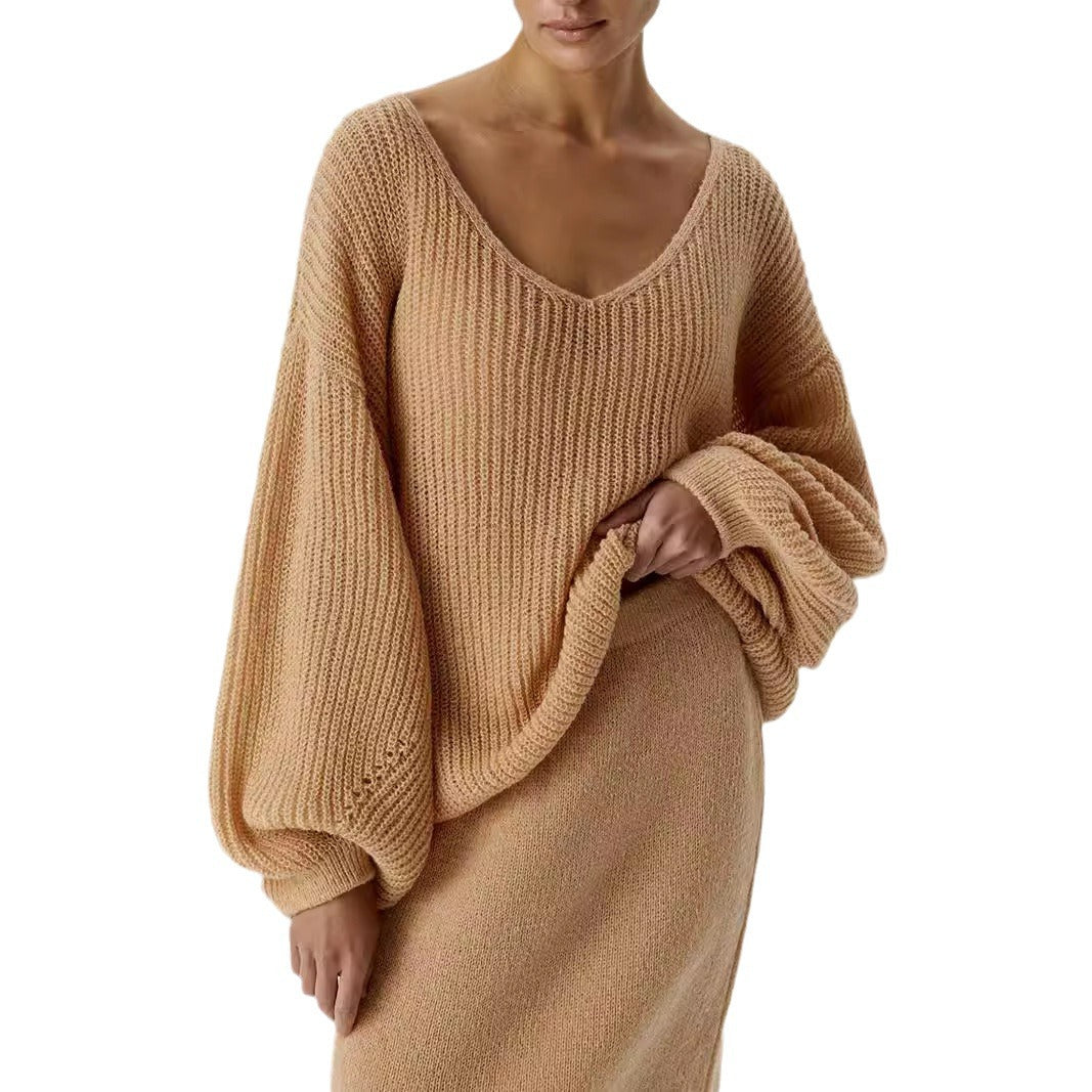 Damen Strickpullover V-Ausschnitt Voluminöse Ärmel Norvielle