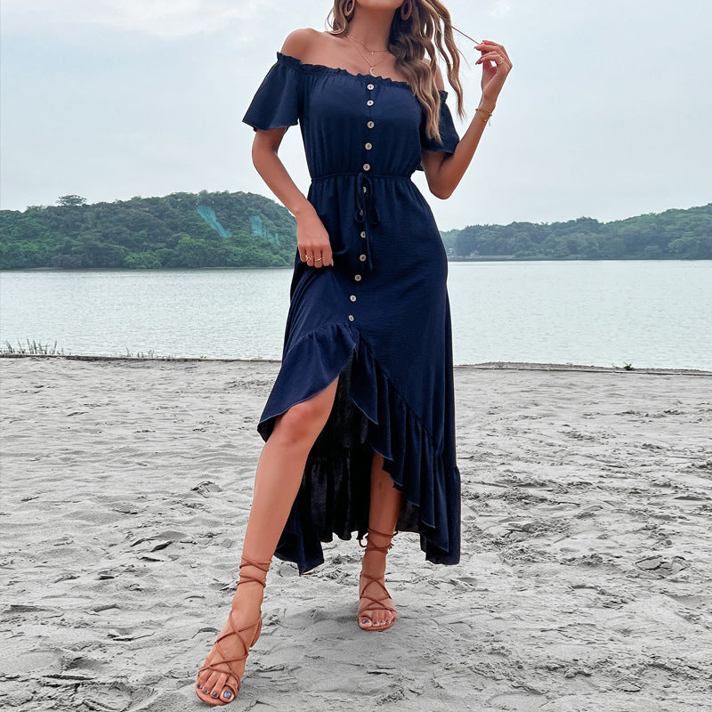 Damen Maxikleid Schulterfrei Knöpfe Vorne Norvielle - Norvielle