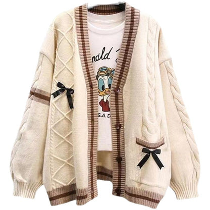 Damen Strickcardigan Zopfmuster Dekorative Schleifen Beige