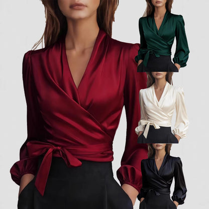 Damen Wickelbluse Satin Puffärmel Norvielle - Norvielle