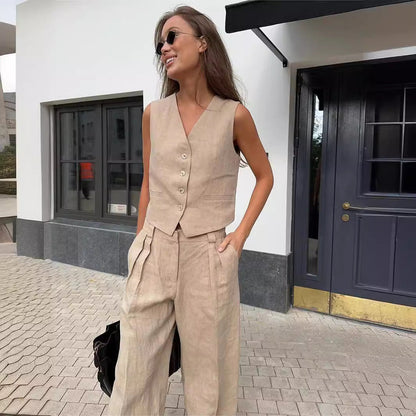 Damen Zweiteiler Ärmelloses Gilet und Weite Hose