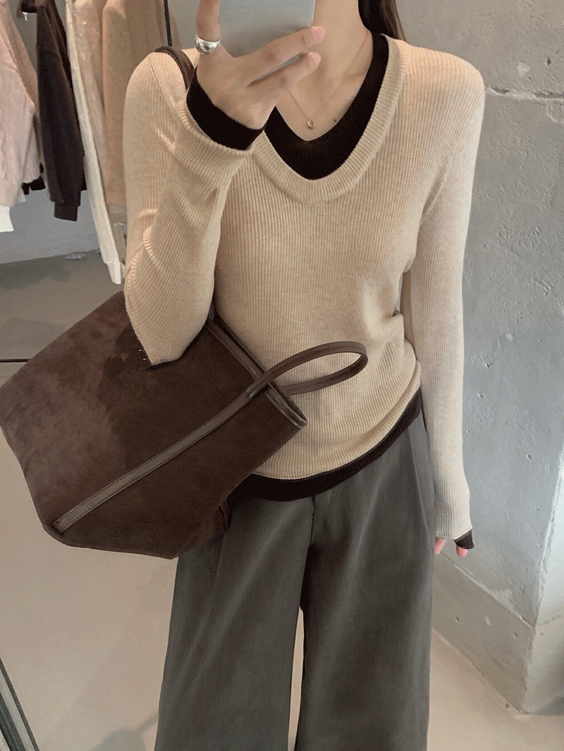 Damen Feinstrickpullover V-Ausschnitt Kontrastbündchen