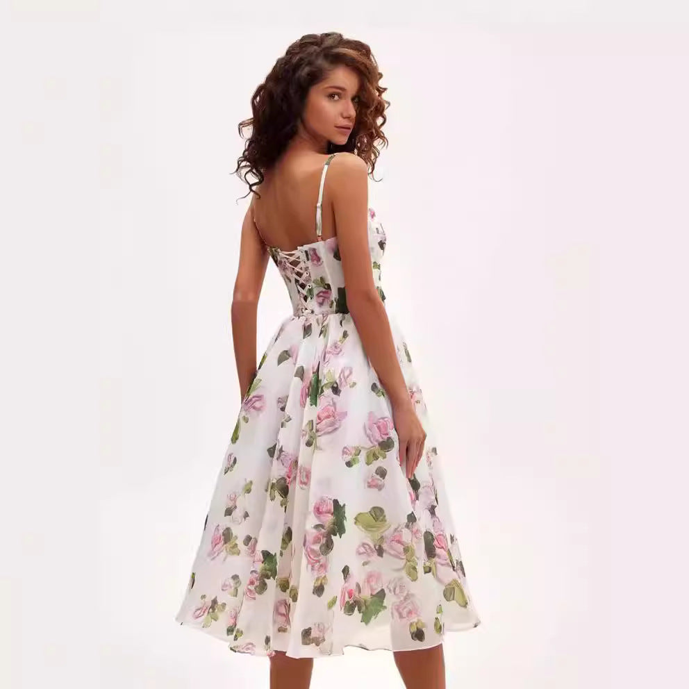 Damen Midi-Kleid Florales Chiffon Mit Taillengürtel