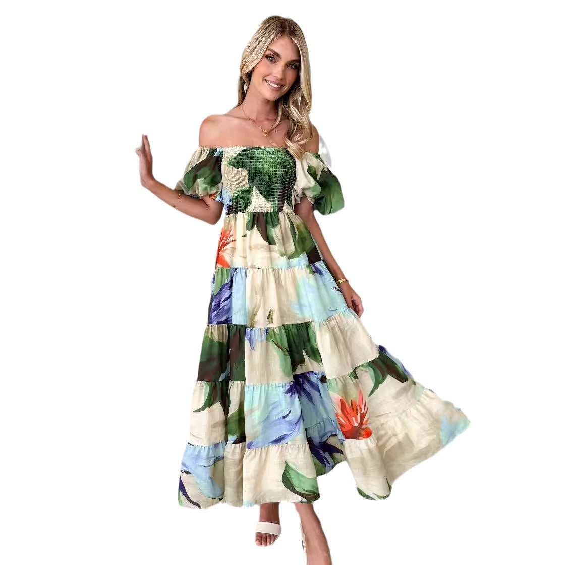 Damen Maxikleid Schulterfrei Voluminöse Puffärmel Norvielle