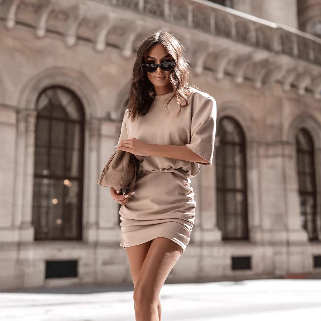 Damen Mini-Kleid Raffung Rundhalsausschnitt Norvielle - Norvielle