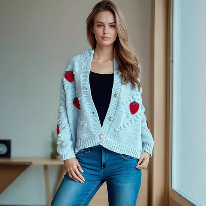Damen Strickjacke Erdbeer Stickerei Knopfverschluss Norvielle