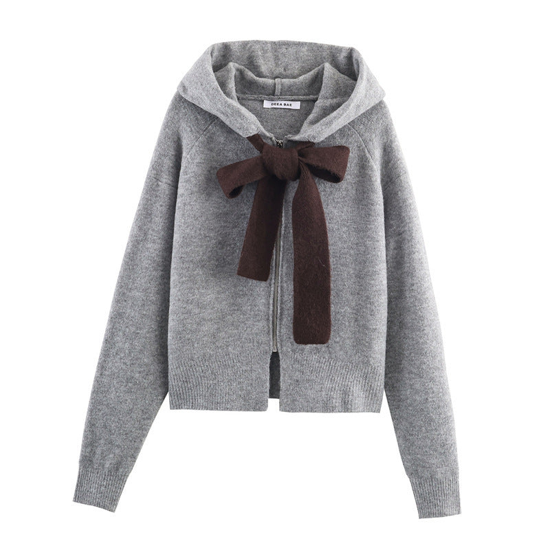 Damen Strickpullover Mit Kapuze Dekoratives Bindeband Norvielle